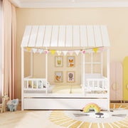 Twin Size House Bed with Trundle - Solid Wood Platform Bed White-Beds & Bed Frames-DECOROLALA