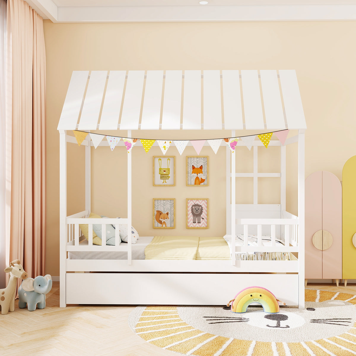 Twin Size House Bed with Trundle - Solid Wood Platform Bed White-Beds & Bed Frames-DECOROLALA
