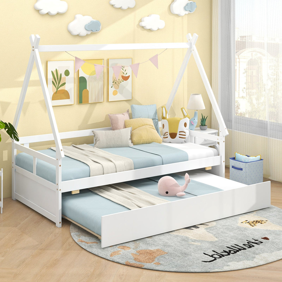 Twin Size House Bed with Trundle and Safety Guardrail-Trundle Bed Frame-DECOROLALA