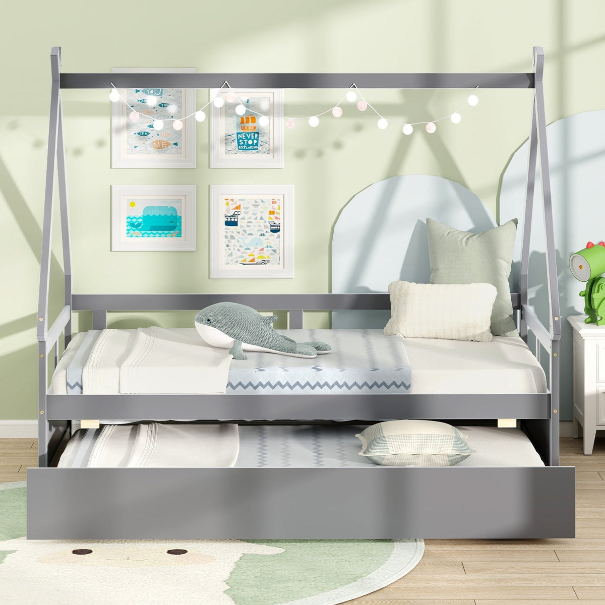Twin Size House Bed with Trundle and Safety Guardrail-Trundle Bed Frame-DECOROLALA