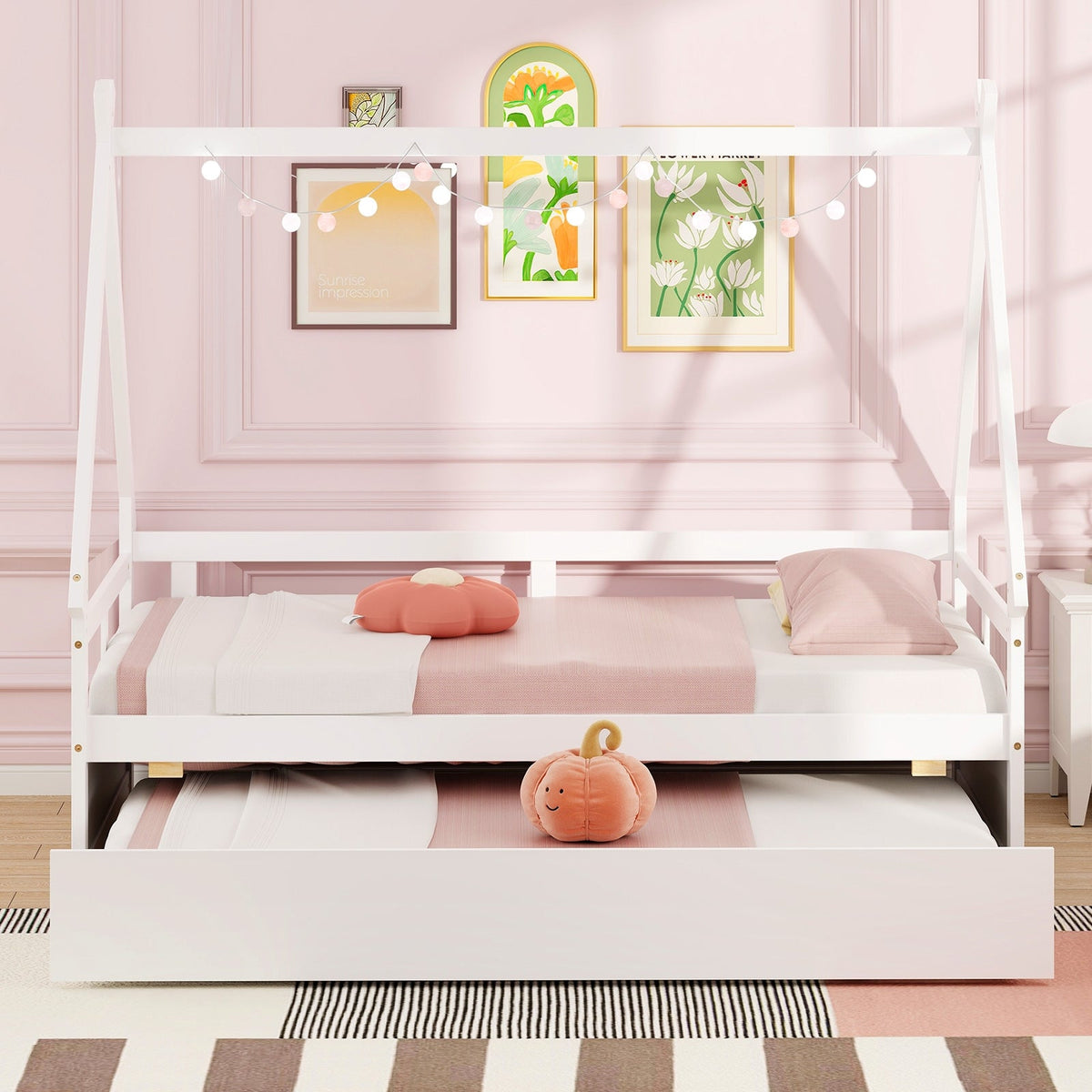 Twin Size House Bed with Trundle and Safety Guardrail-Trundle Bed Frame-DECOROLALA
