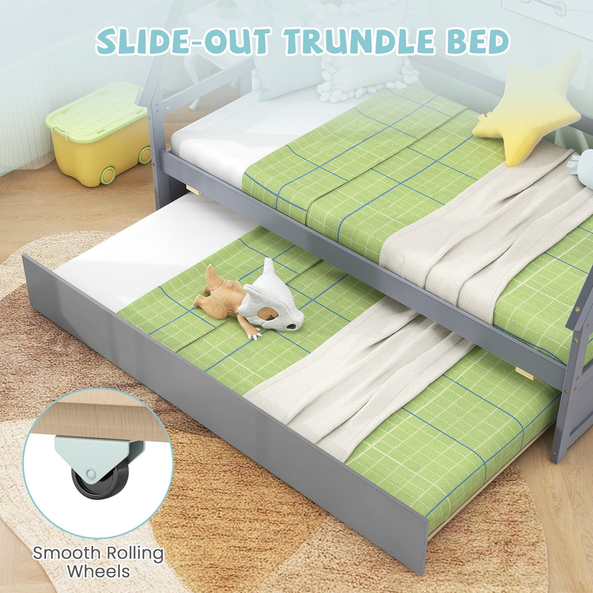 Twin Size House Bed with Trundle and Safety Guardrail-Trundle Bed Frame-DECOROLALA