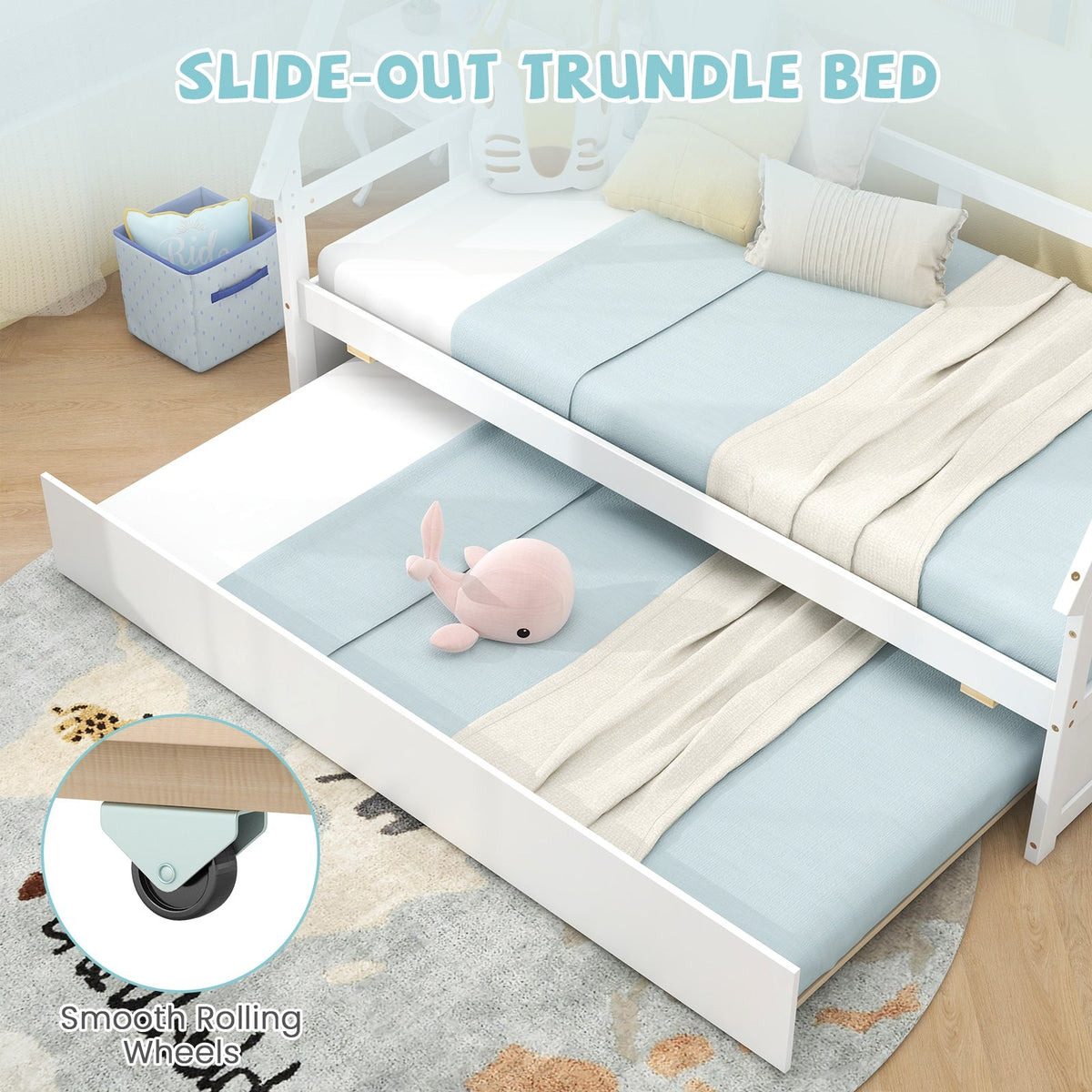 Twin Size House Bed with Trundle and Safety Guardrail-Trundle Bed Frame-DECOROLALA