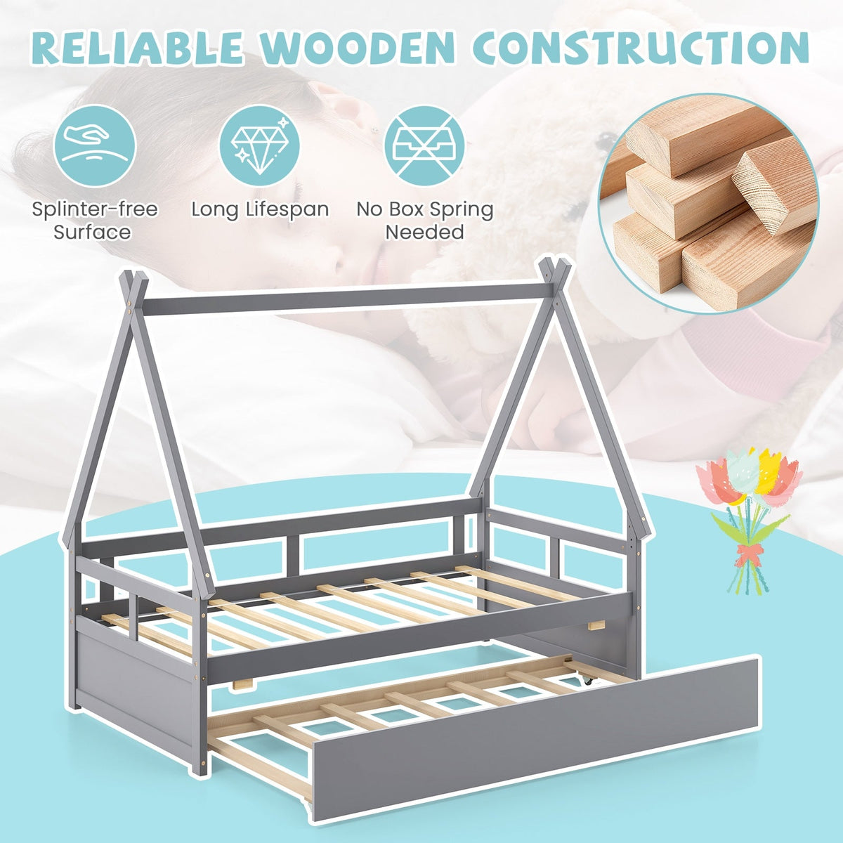 Twin Size House Bed with Trundle and Safety Guardrail-Trundle Bed Frame-DECOROLALA