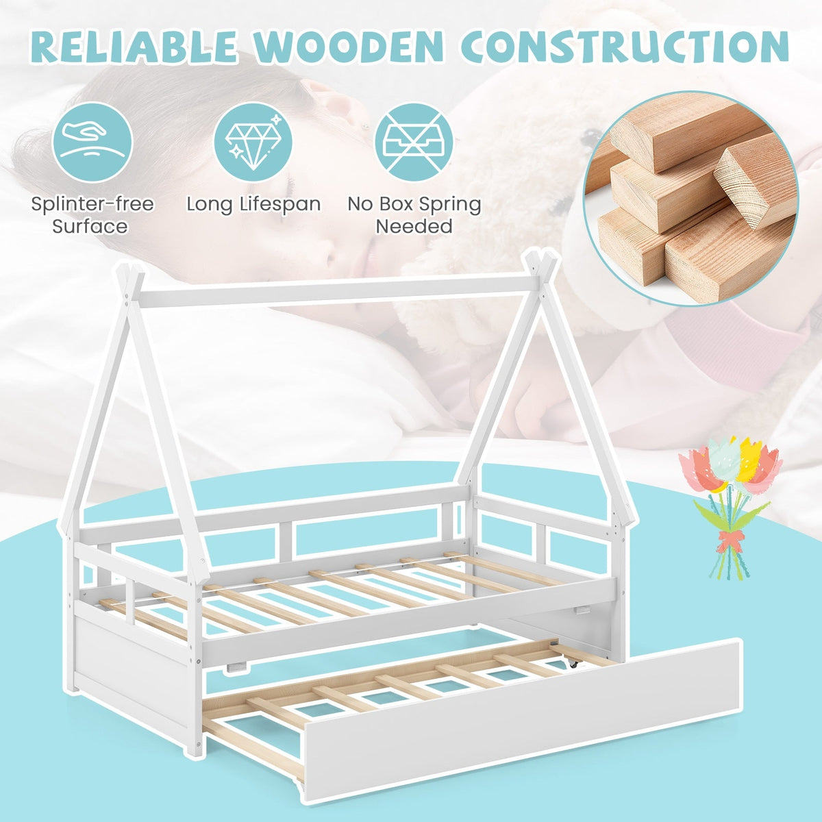Twin Size House Bed with Trundle and Safety Guardrail-Trundle Bed Frame-DECOROLALA