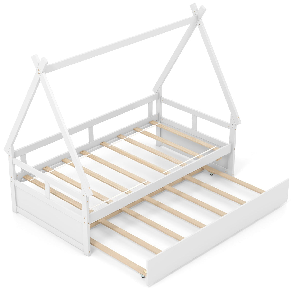 Twin Size House Bed with Trundle and Safety Guardrail-Trundle Bed Frame-DECOROLALA