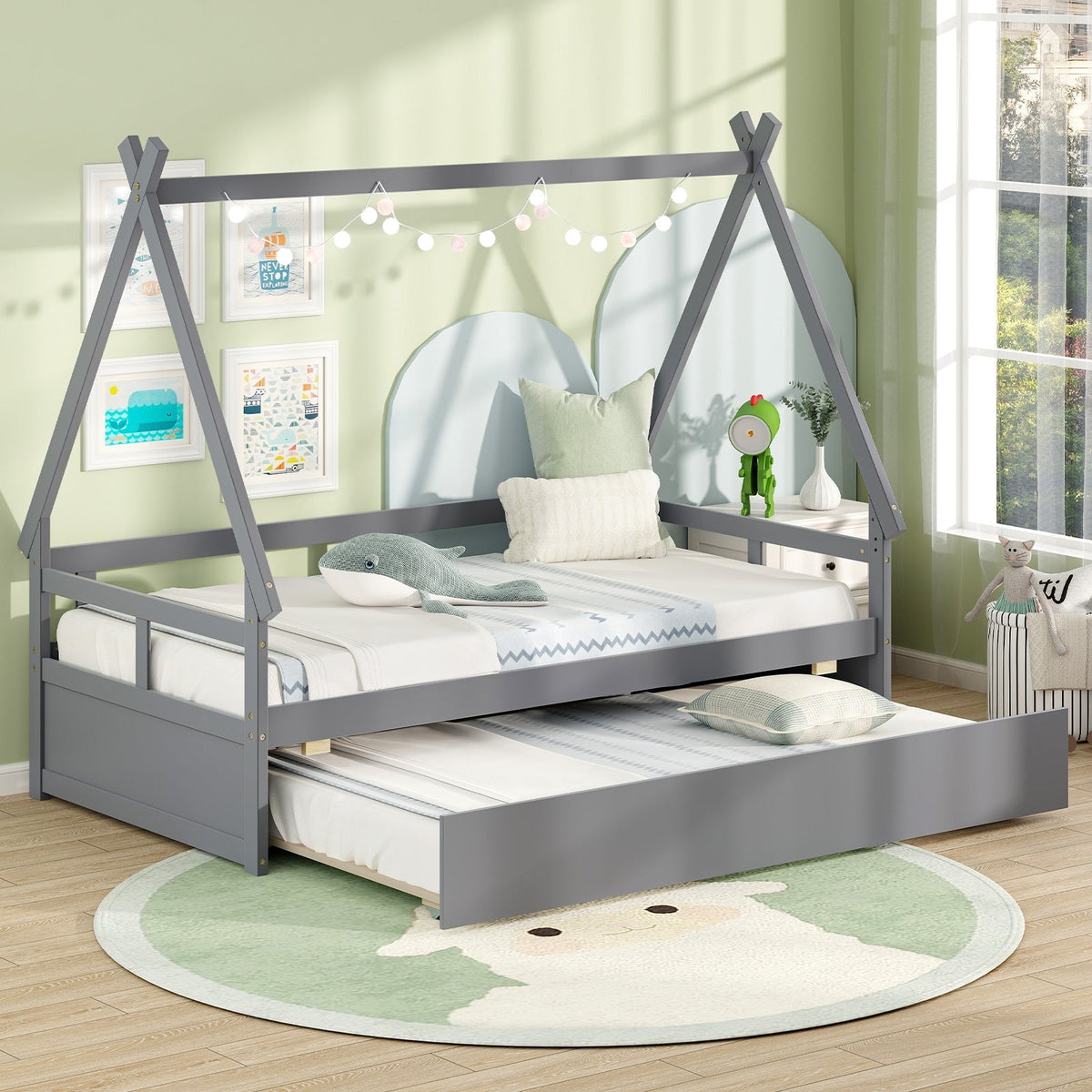 Twin Size House Bed with Trundle and Safety Guardrail-Trundle Bed Frame-DECOROLALA