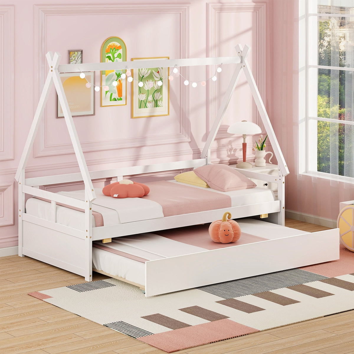 Twin Size House Bed with Trundle and Safety Guardrail-Trundle Bed Frame-DECOROLALA