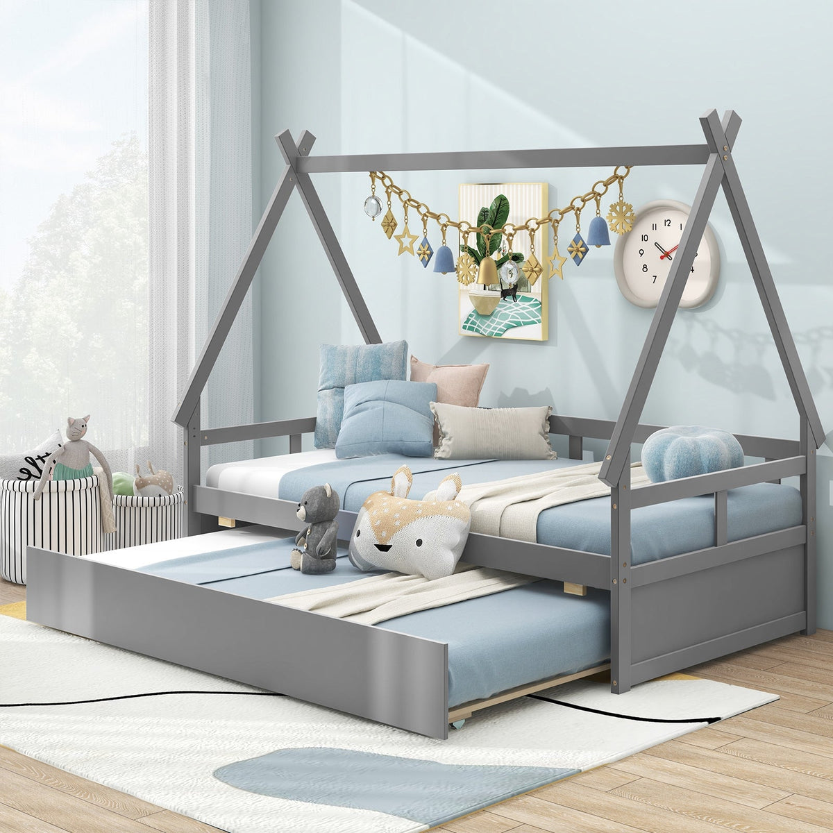Twin Size House Bed with Trundle and Safety Guardrail-Trundle Bed Frame-DECOROLALA