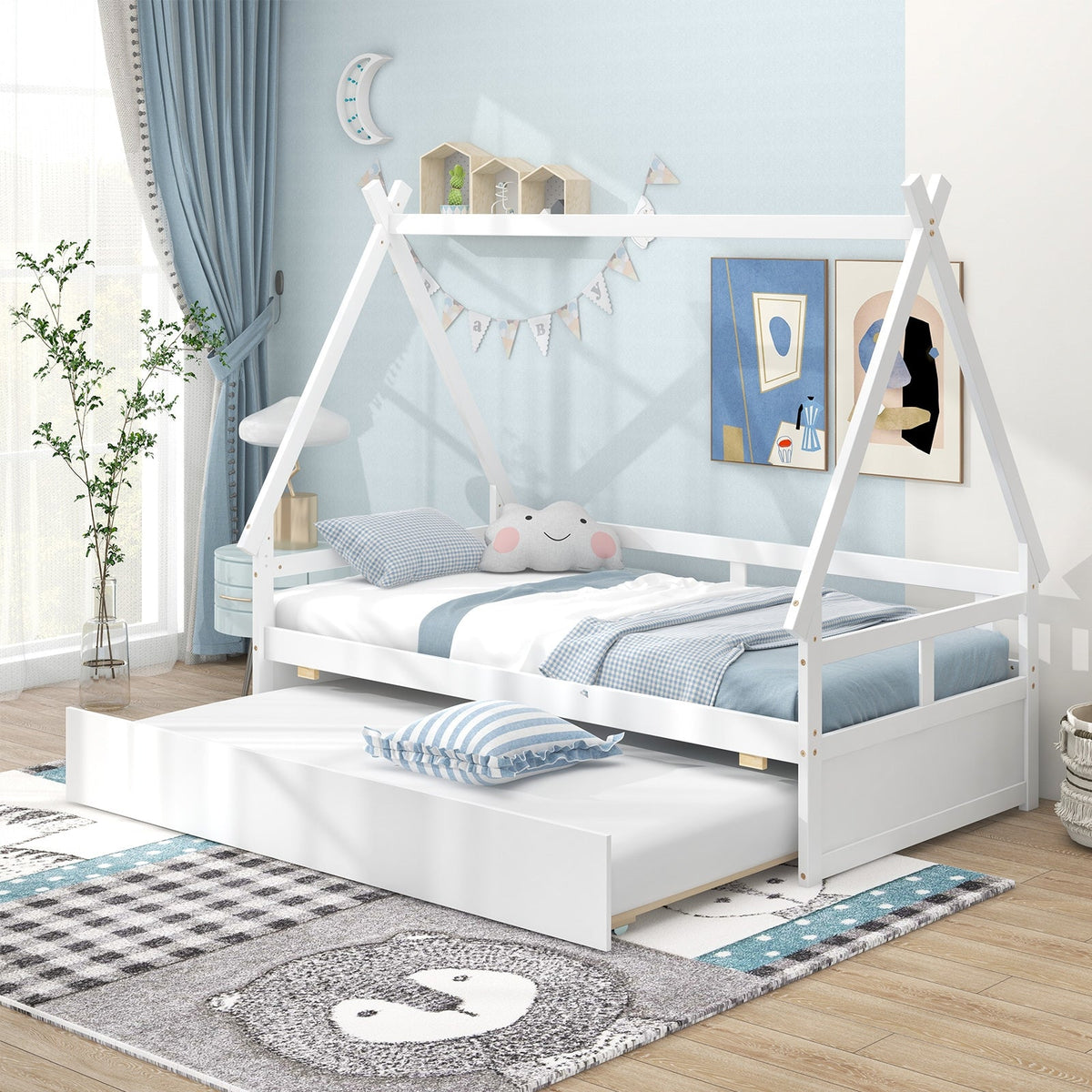 Twin Size House Bed with Trundle and Safety Guardrail-Trundle Bed Frame-DECOROLALA