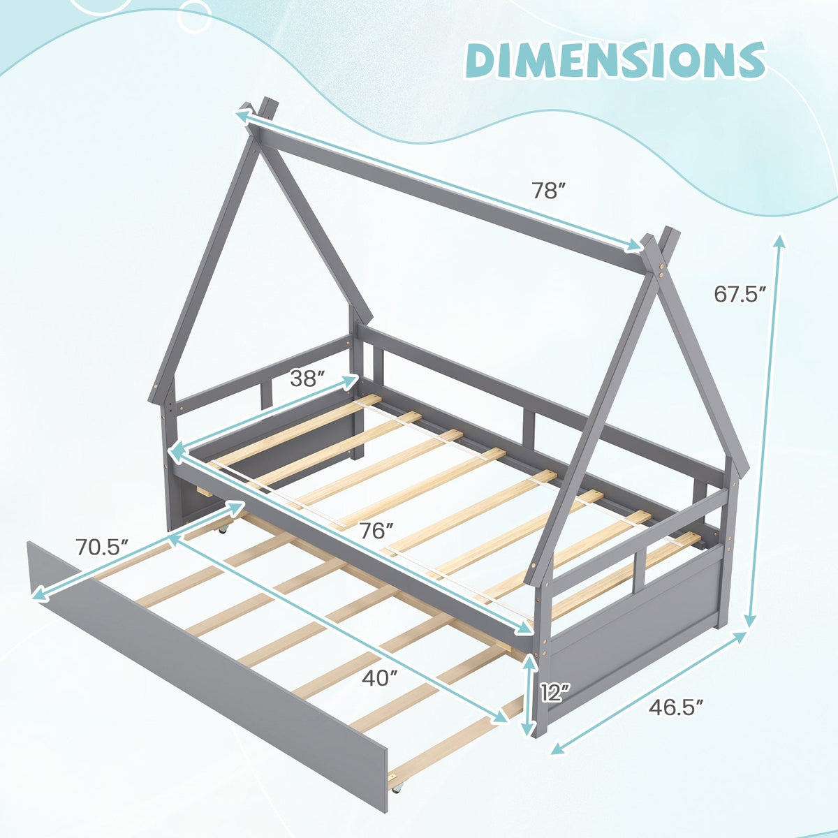 Twin Size House Bed with Trundle and Safety Guardrail-Trundle Bed Frame-DECOROLALA
