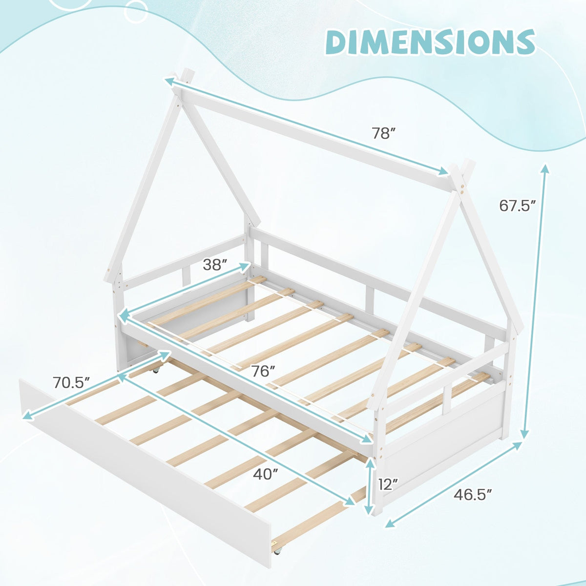 Twin Size House Bed with Trundle and Safety Guardrail-Trundle Bed Frame-DECOROLALA
