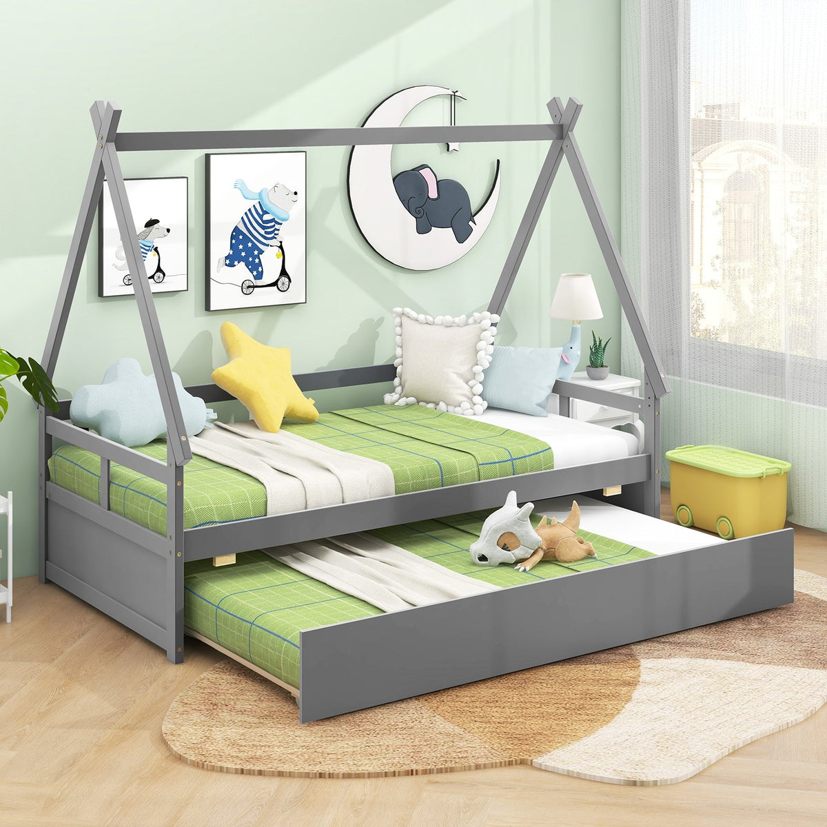 Twin Size House Bed with Trundle and Safety Guardrail-Trundle Bed Frame-DECOROLALA