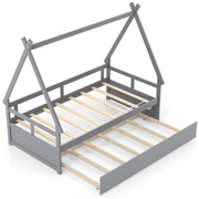 Twin Size House Bed with Trundle and Safety Guardrail-Trundle Bed Frame-DECOROLALA
