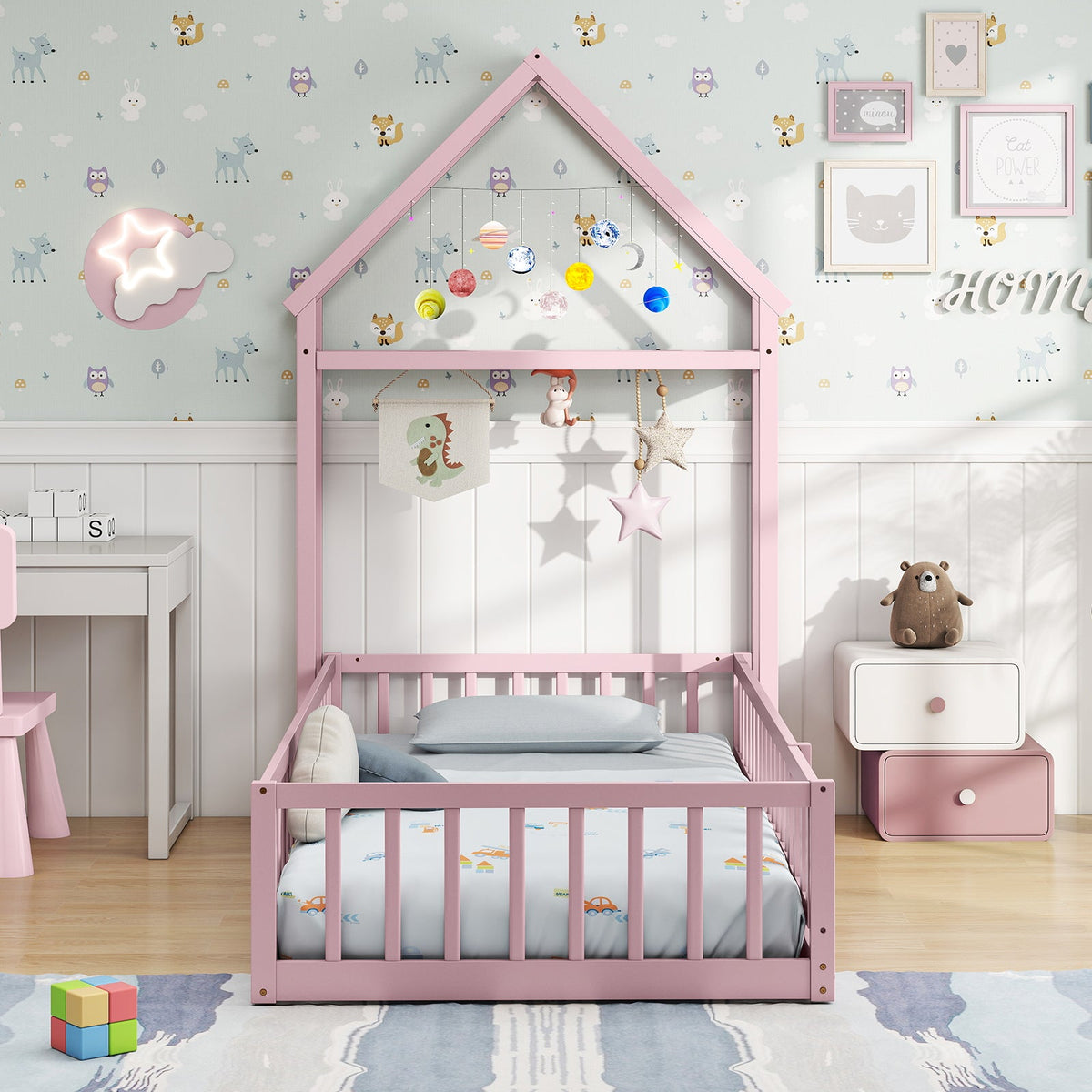 Twin Size House Floor Bed with House-shaped Headboard-Simple Bed Frame-DECOROLALA