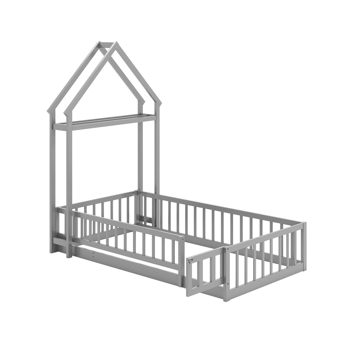 Twin Size House Floor Bed with House-shaped Headboard-Simple Bed Frame-DECOROLALA