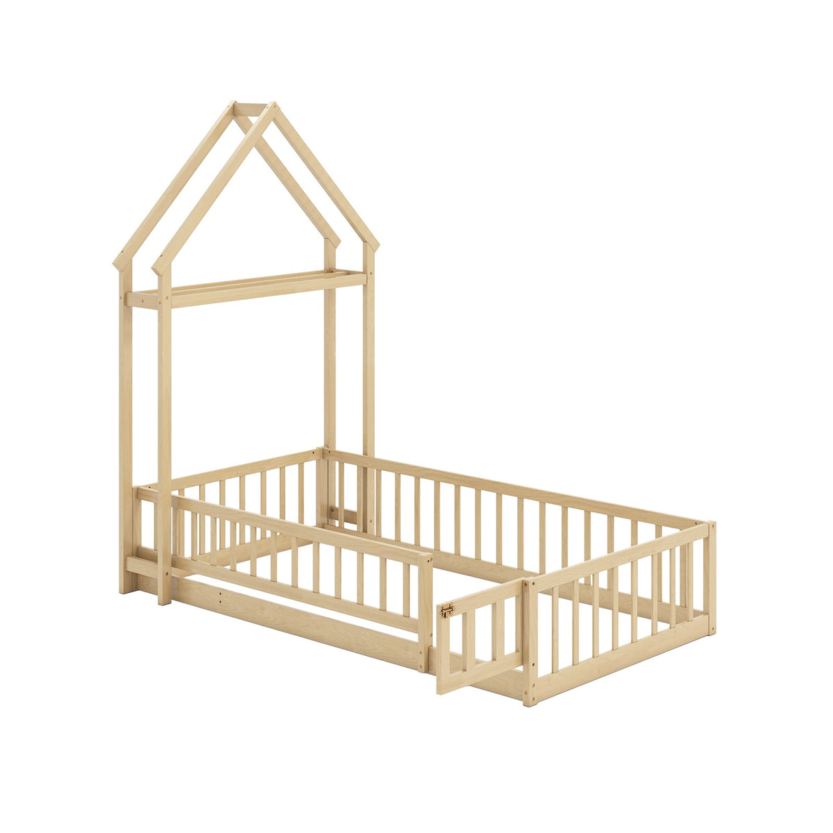 Twin Size House Floor Bed with House-shaped Headboard-Simple Bed Frame-DECOROLALA