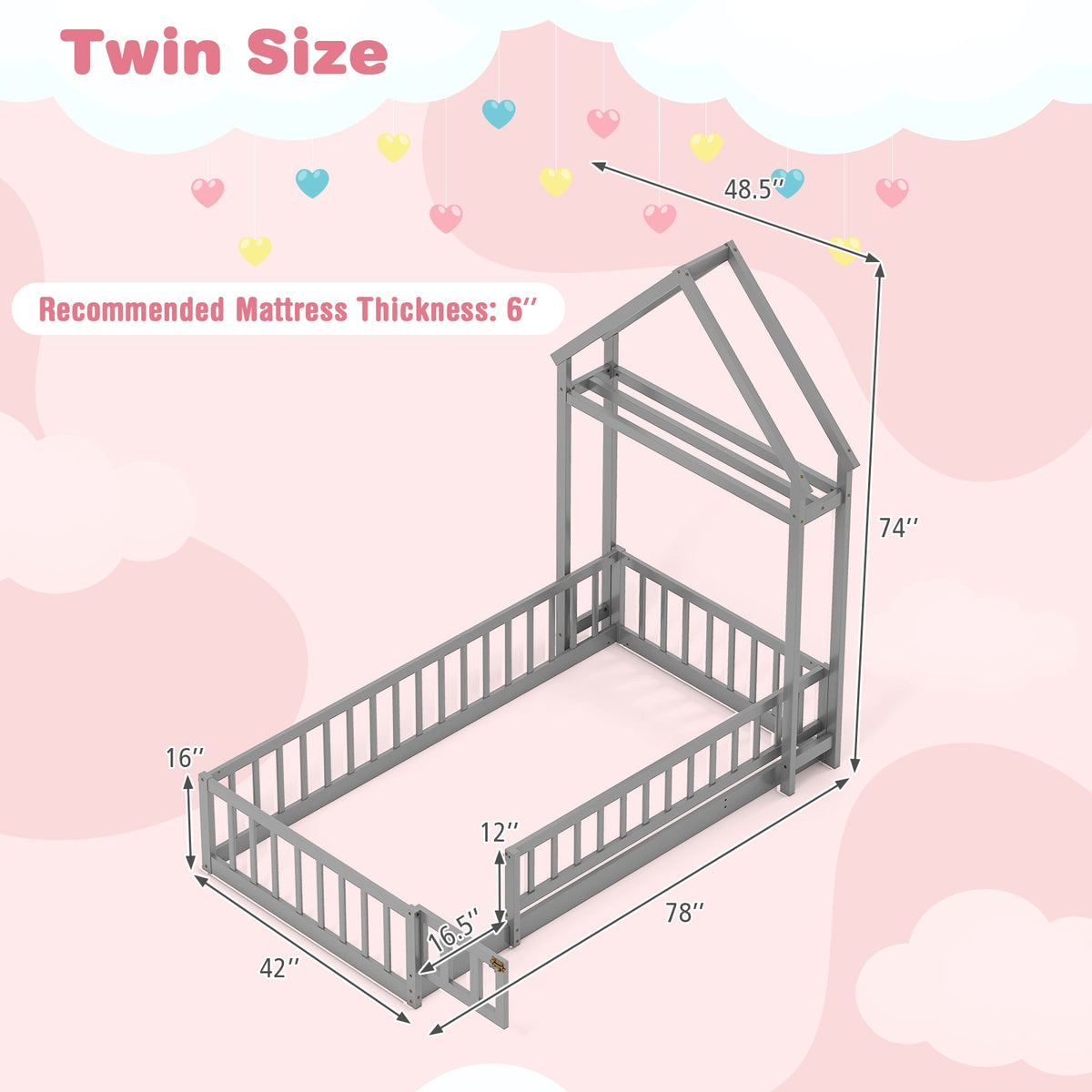 Twin Size House Floor Bed with House-shaped Headboard-Simple Bed Frame-DECOROLALA