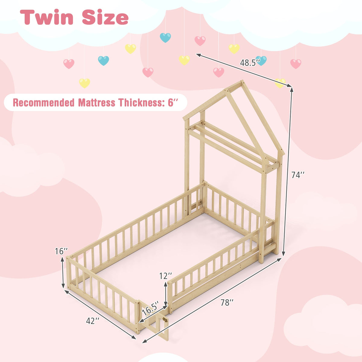 Twin Size House Floor Bed with House-shaped Headboard-Simple Bed Frame-DECOROLALA