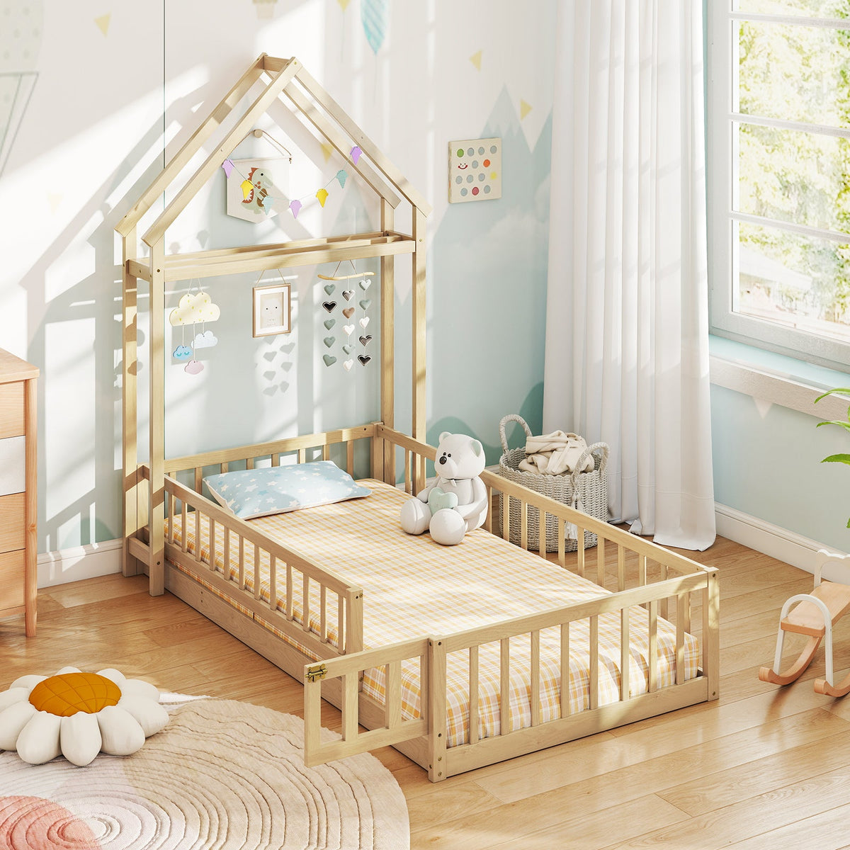Twin Size House Floor Bed with House-shaped Headboard-Simple Bed Frame-DECOROLALA