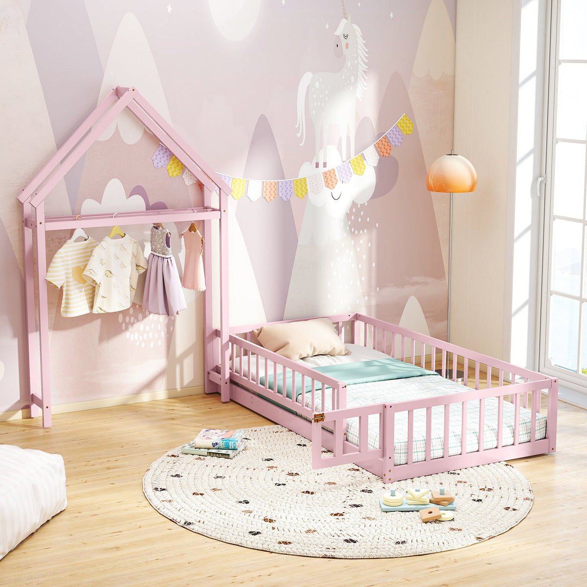 Twin Size House Floor Bed with House-shaped Headboard-Simple Bed Frame-DECOROLALA