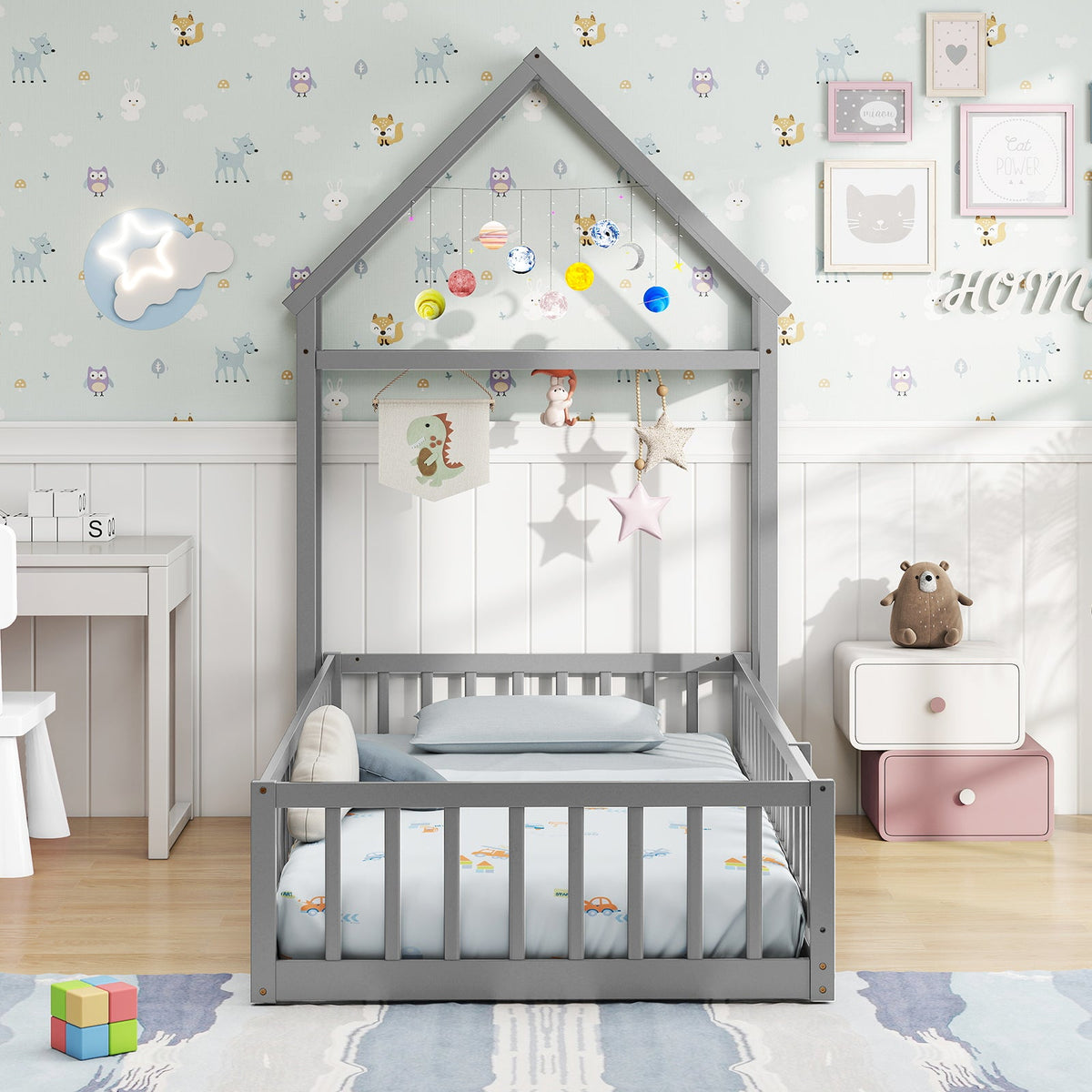 Twin Size House Floor Bed with House-shaped Headboard-Simple Bed Frame-DECOROLALA