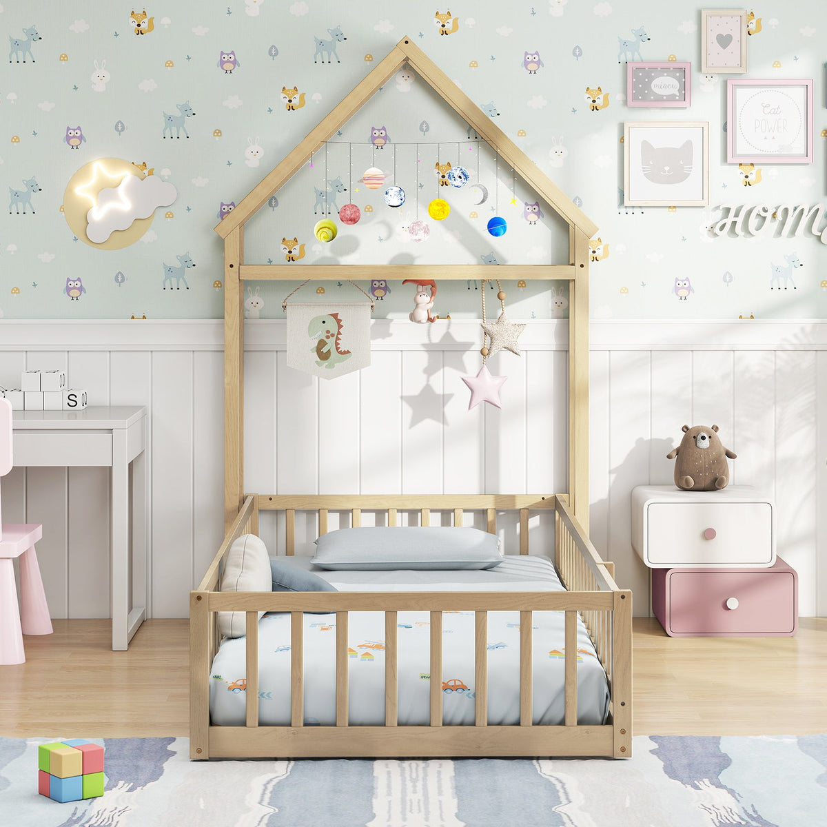 Twin Size House Floor Bed with House-shaped Headboard-Simple Bed Frame-DECOROLALA