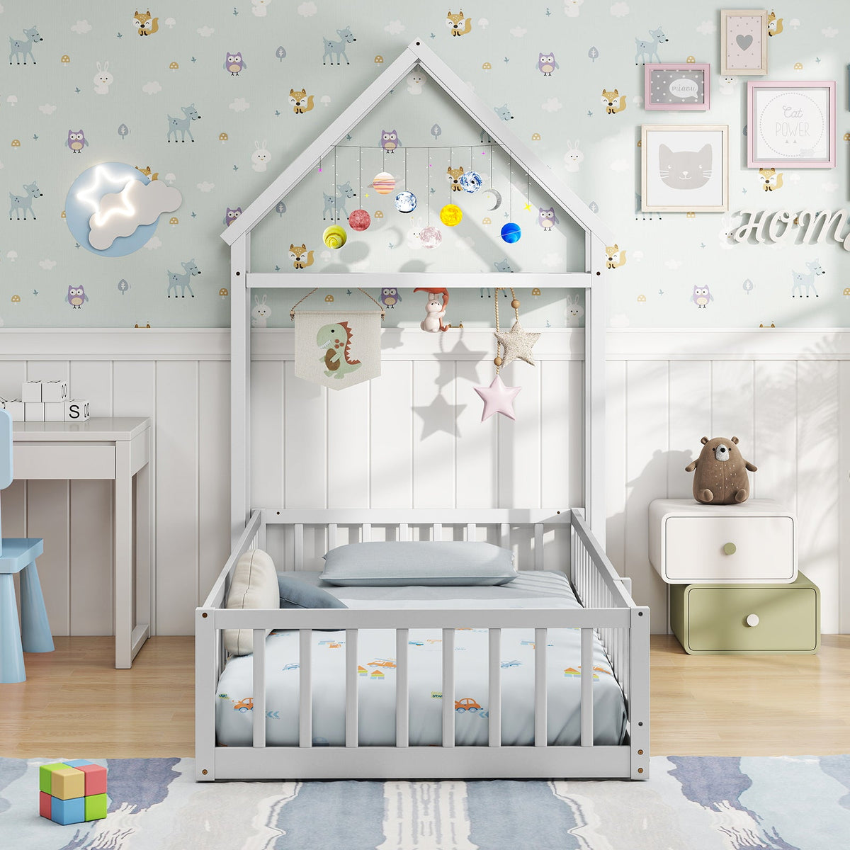 Twin Size House Floor Bed with House-shaped Headboard-Simple Bed Frame-DECOROLALA