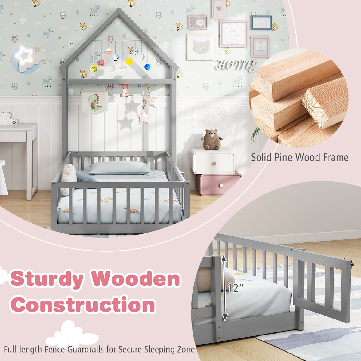 Twin Size House Floor Bed with House-shaped Headboard-Simple Bed Frame-DECOROLALA