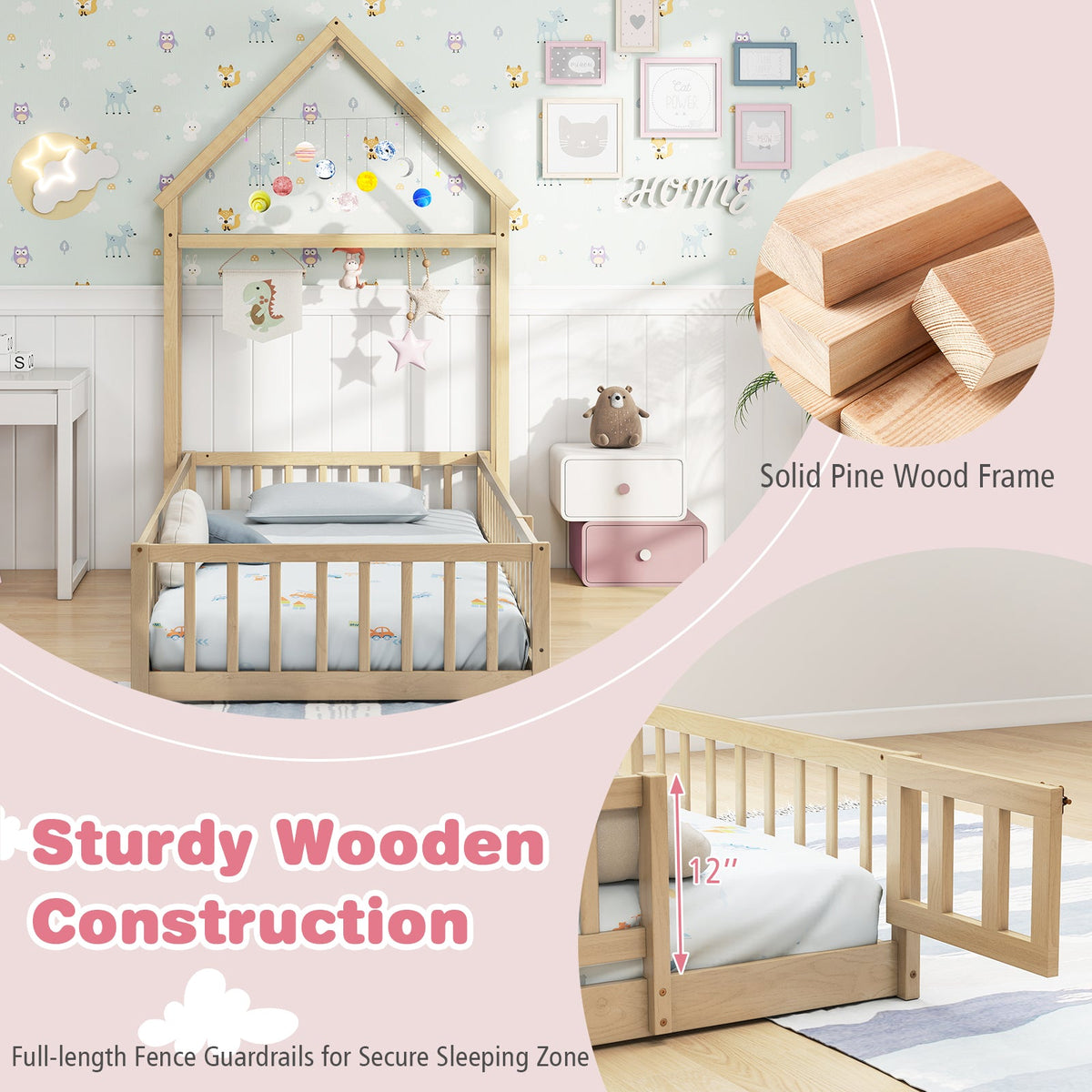 Twin Size House Floor Bed with House-shaped Headboard-Simple Bed Frame-DECOROLALA