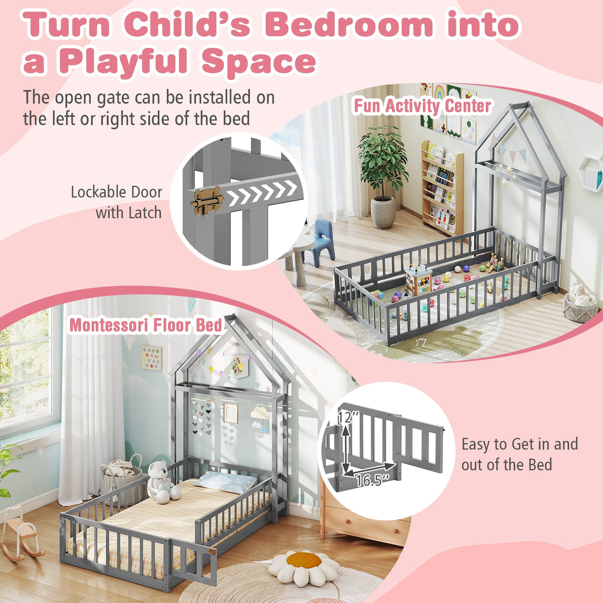 Twin Size House Floor Bed with House-shaped Headboard-Simple Bed Frame-DECOROLALA