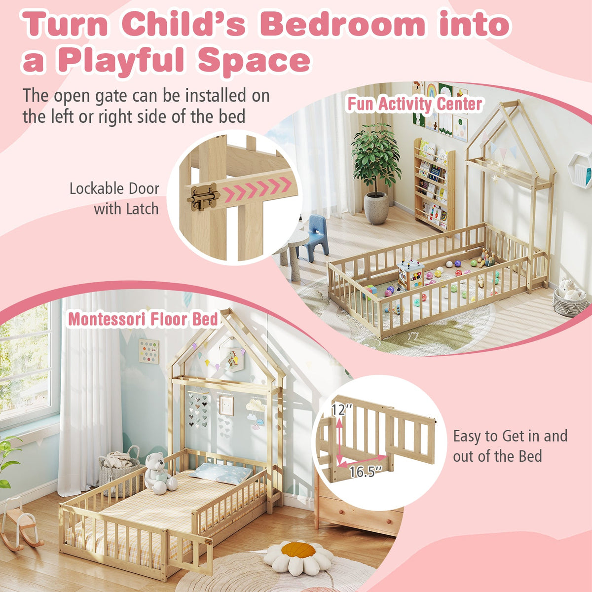 Twin Size House Floor Bed with House-shaped Headboard-Simple Bed Frame-DECOROLALA
