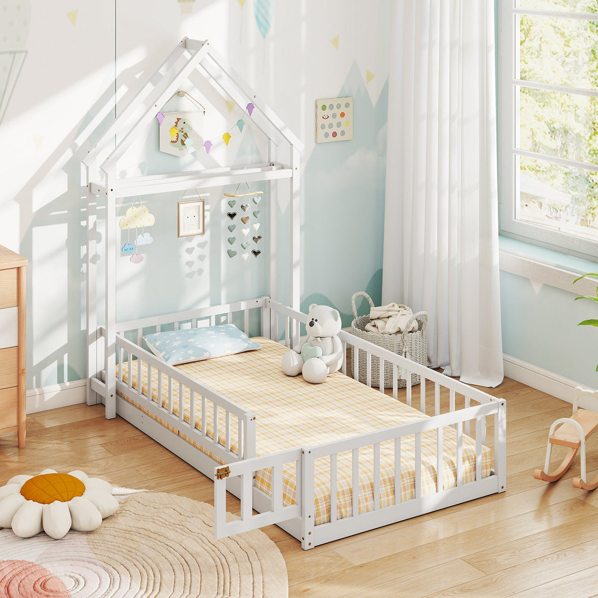 Twin Size House Floor Bed with House-shaped Headboard-Simple Bed Frame-DECOROLALA