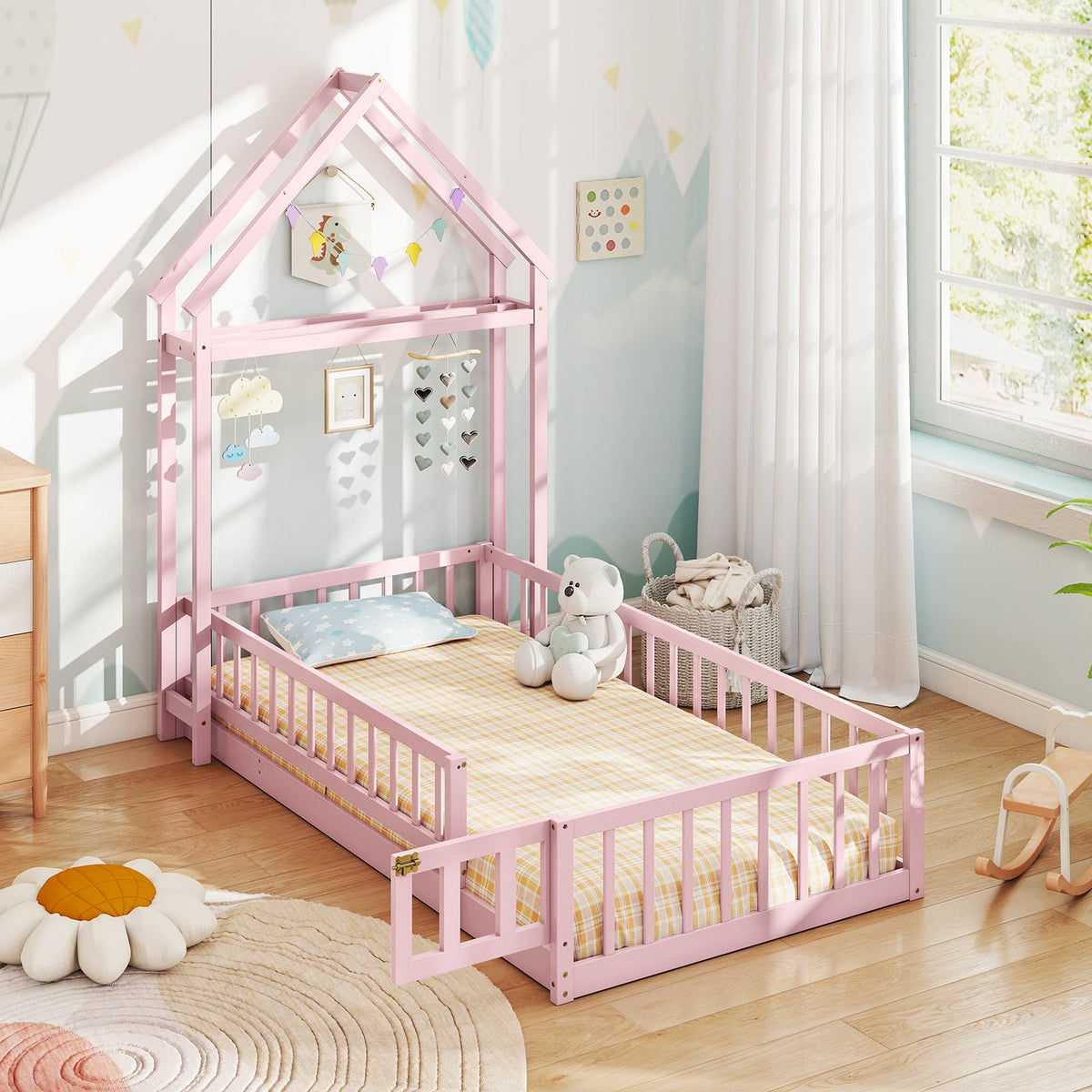 Twin Size House Floor Bed with House-shaped Headboard-Simple Bed Frame-DECOROLALA