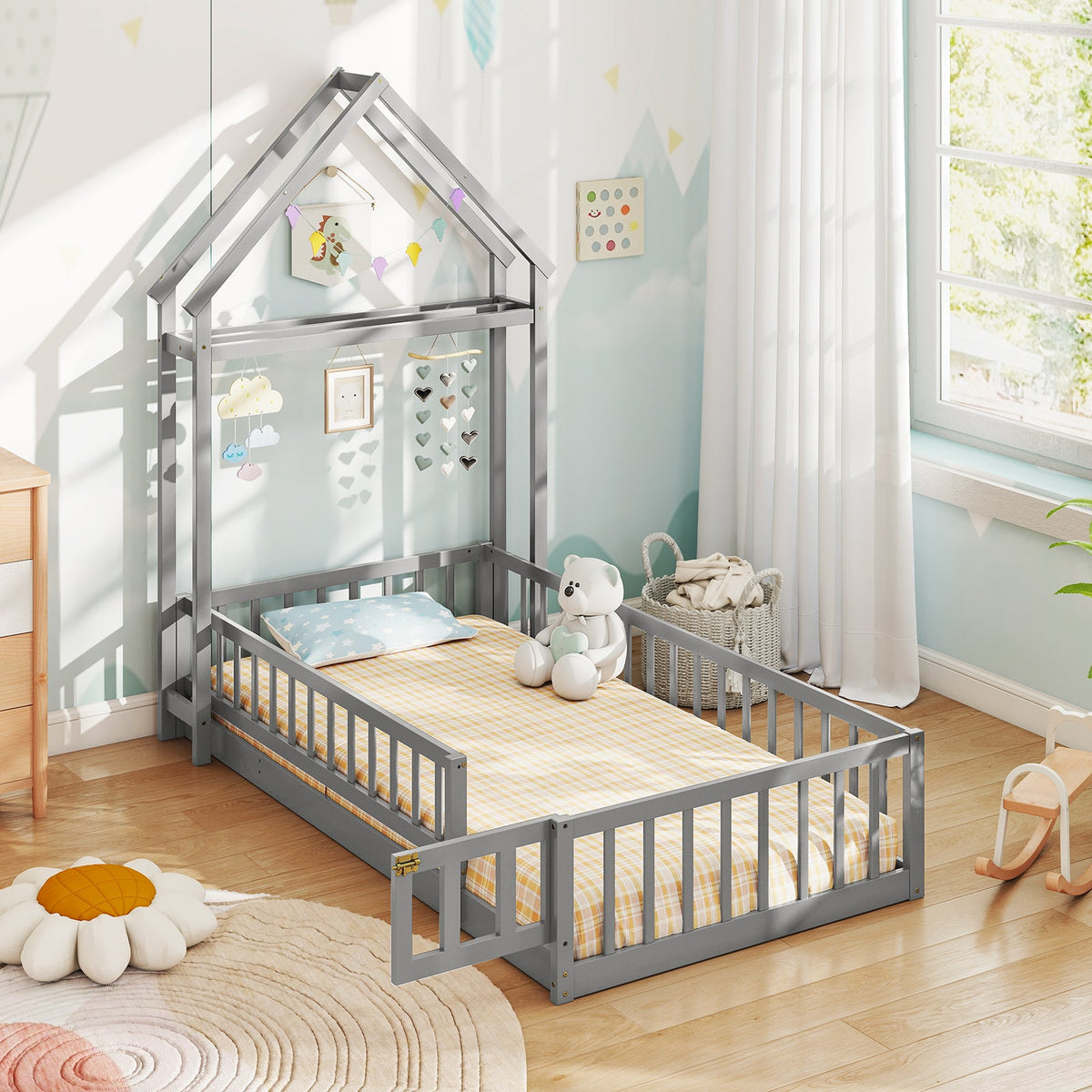 Twin Size House Floor Bed with House-shaped Headboard-Simple Bed Frame-DECOROLALA