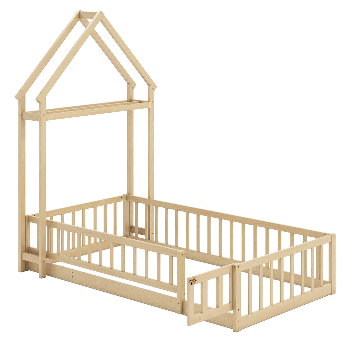 Twin Size House Floor Bed with House-shaped Headboard-Simple Bed Frame-DECOROLALA