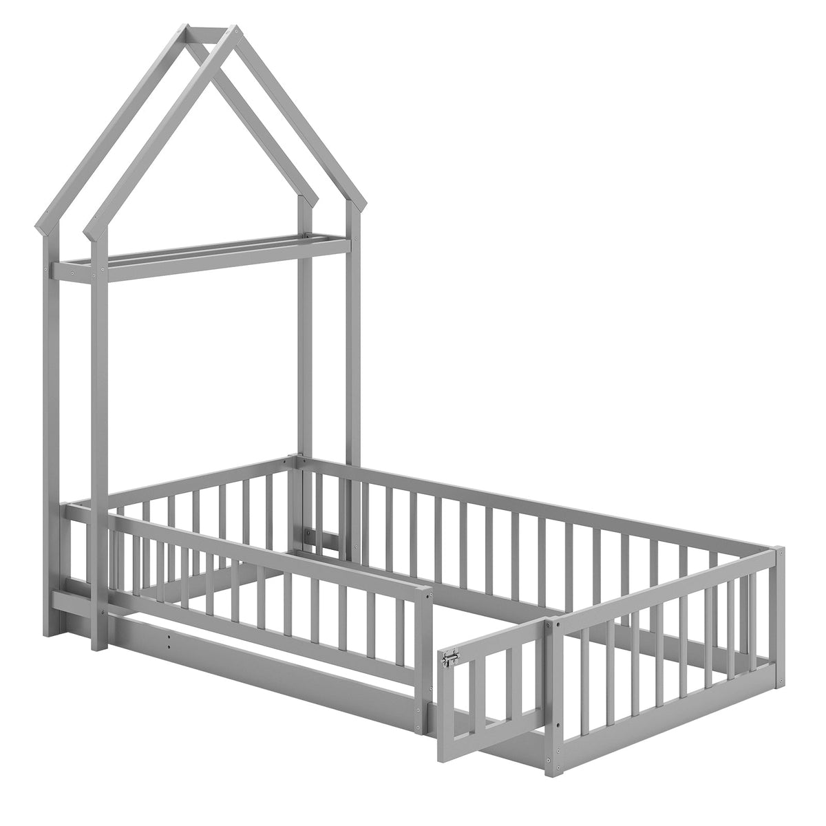 Twin Size House Floor Bed with House-shaped Headboard-Simple Bed Frame-DECOROLALA