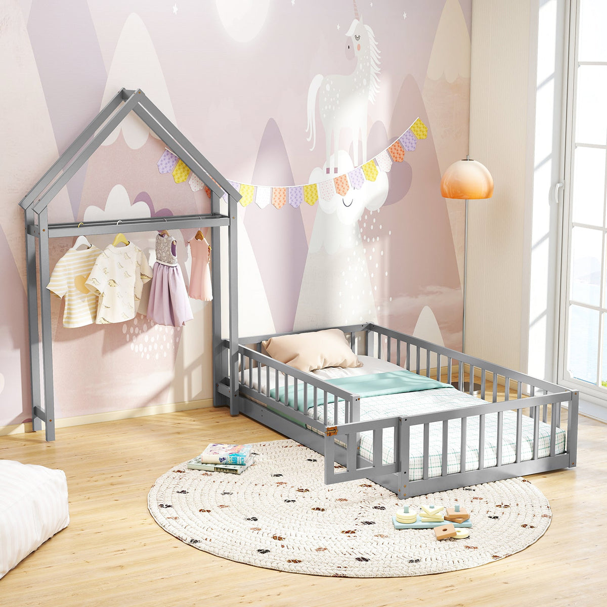 Twin Size House Floor Bed with House-shaped Headboard-Simple Bed Frame-DECOROLALA