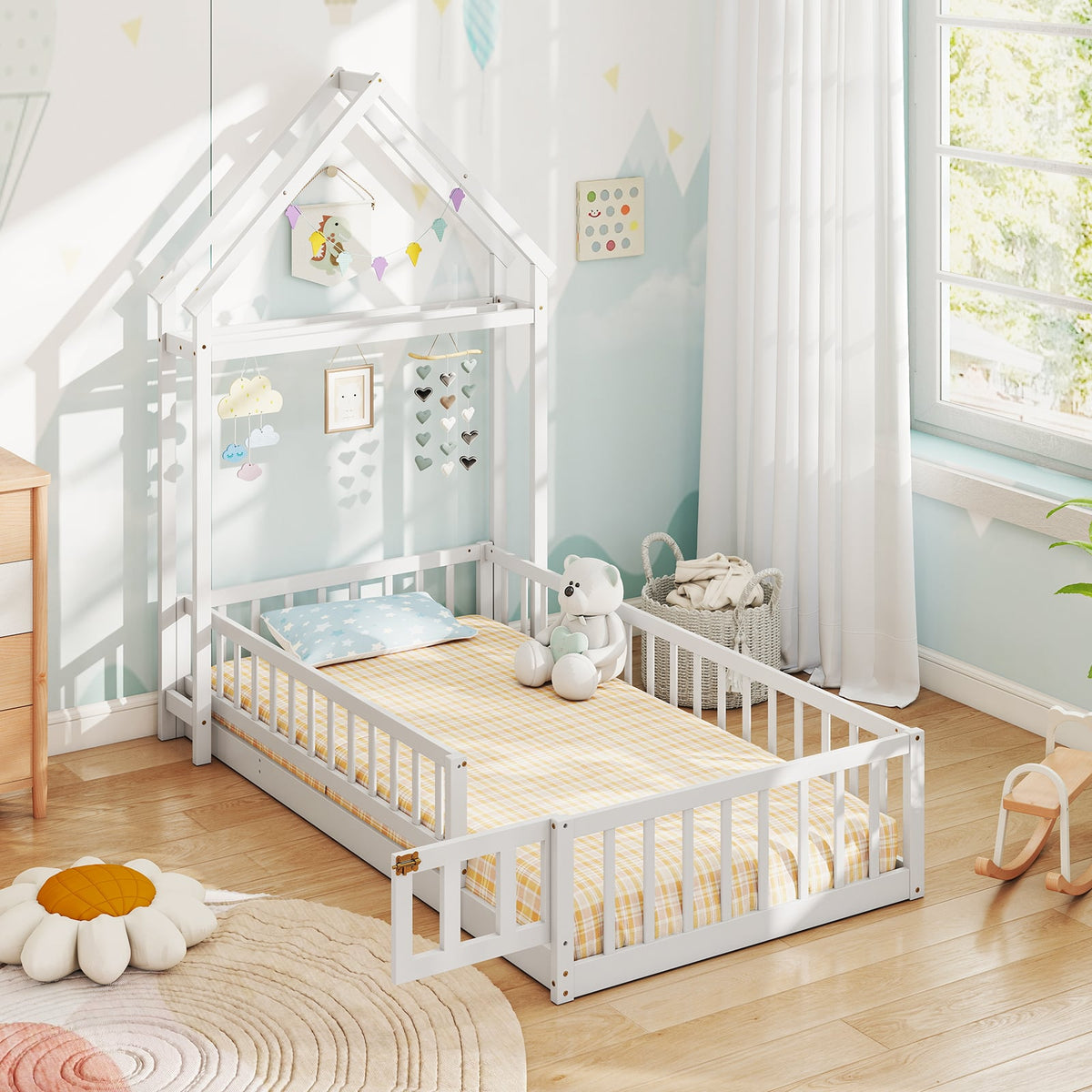 Twin Size House Floor Bed with House-shaped Headboard-White-Simple Bed Frame-DECOROLALA