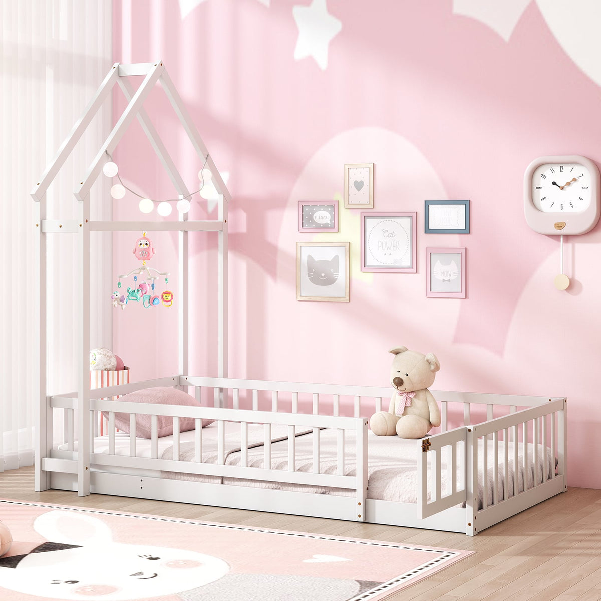 Twin Size House Floor Bed with House-shaped Headboard-White-Simple Bed Frame-DECOROLALA