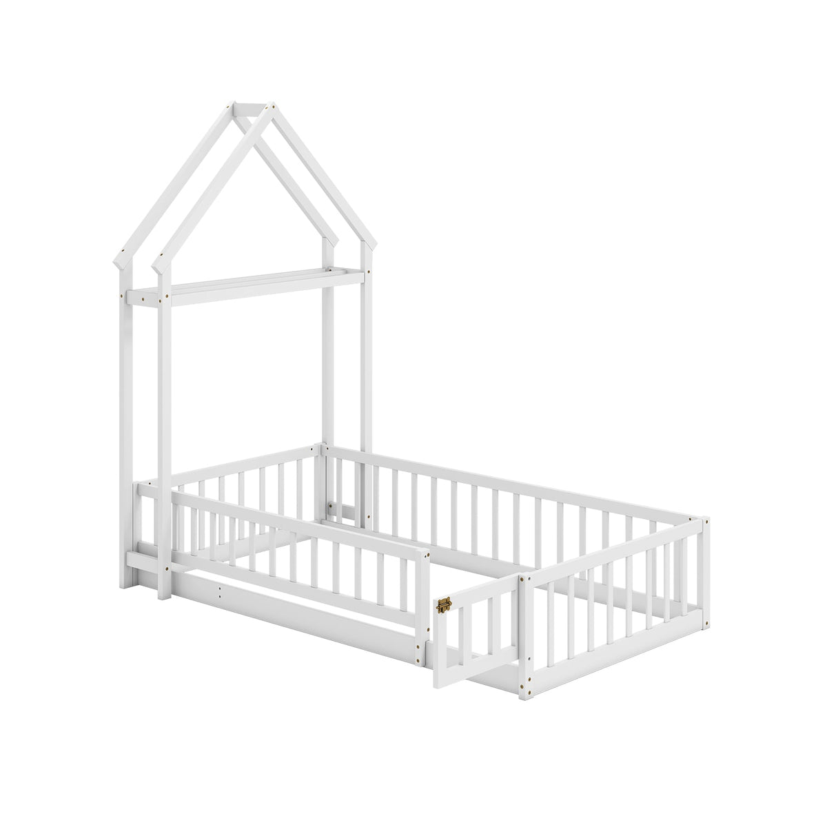 Twin Size House Floor Bed with House-shaped Headboard-White-Simple Bed Frame-DECOROLALA