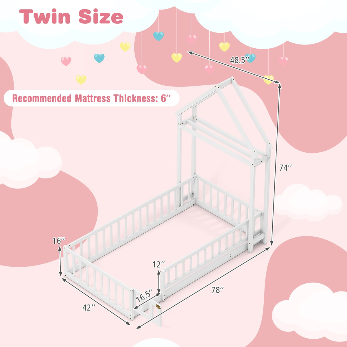 Twin Size House Floor Bed with House-shaped Headboard-White-Simple Bed Frame-DECOROLALA