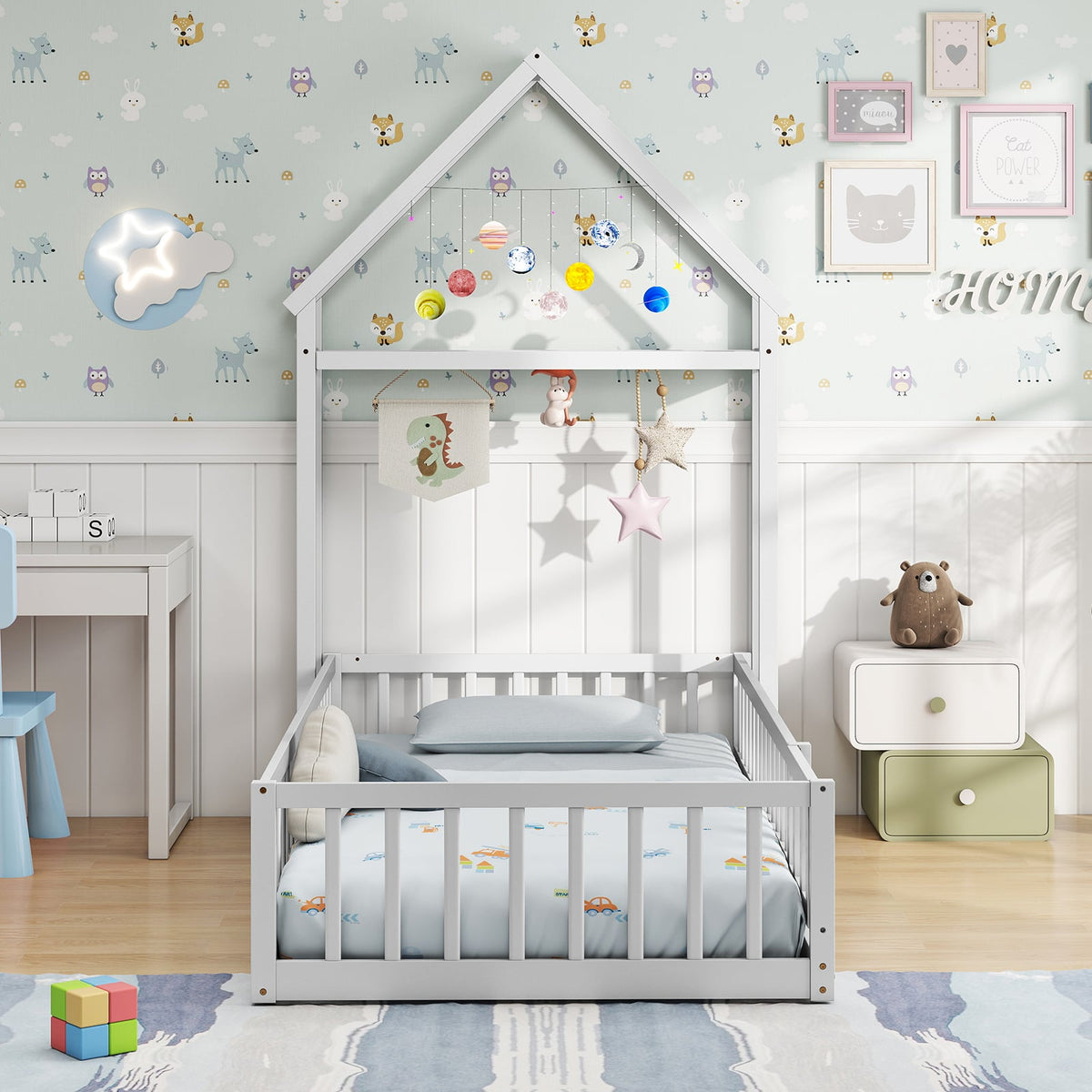 Twin Size House Floor Bed with House-shaped Headboard-White-Simple Bed Frame-DECOROLALA