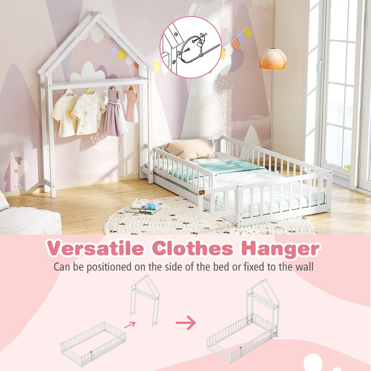 Twin Size House Floor Bed with House-shaped Headboard-White-Simple Bed Frame-DECOROLALA