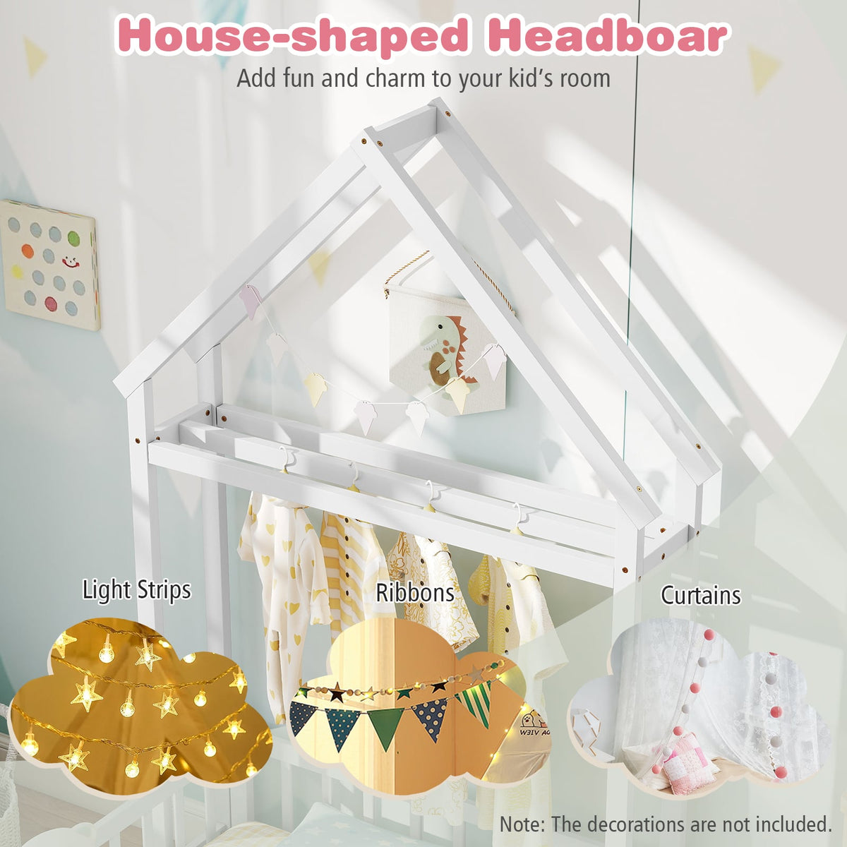 Twin Size House Floor Bed with House-shaped Headboard-White-Simple Bed Frame-DECOROLALA