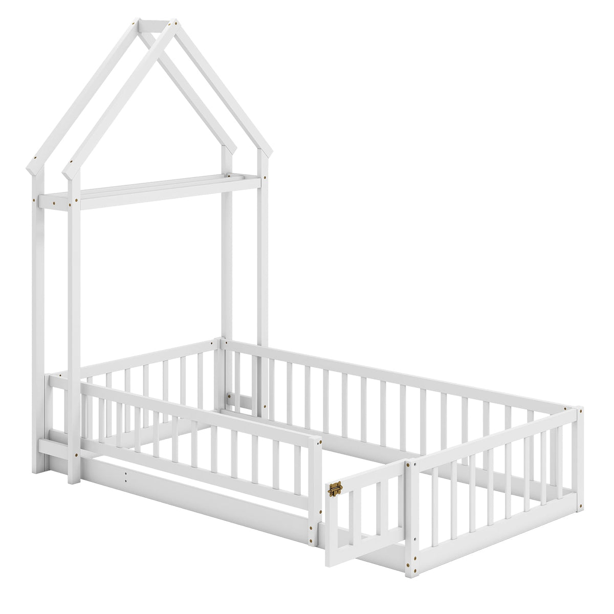 Twin Size House Floor Bed with House-shaped Headboard-White-Simple Bed Frame-DECOROLALA