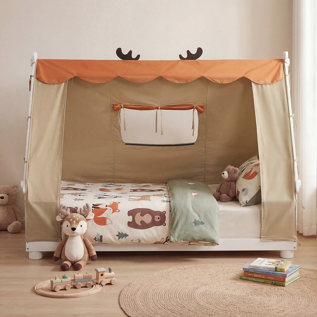 Twin Size House Floor Wood Bed with Tent-Simple Bed Frame-DECOROLALA
