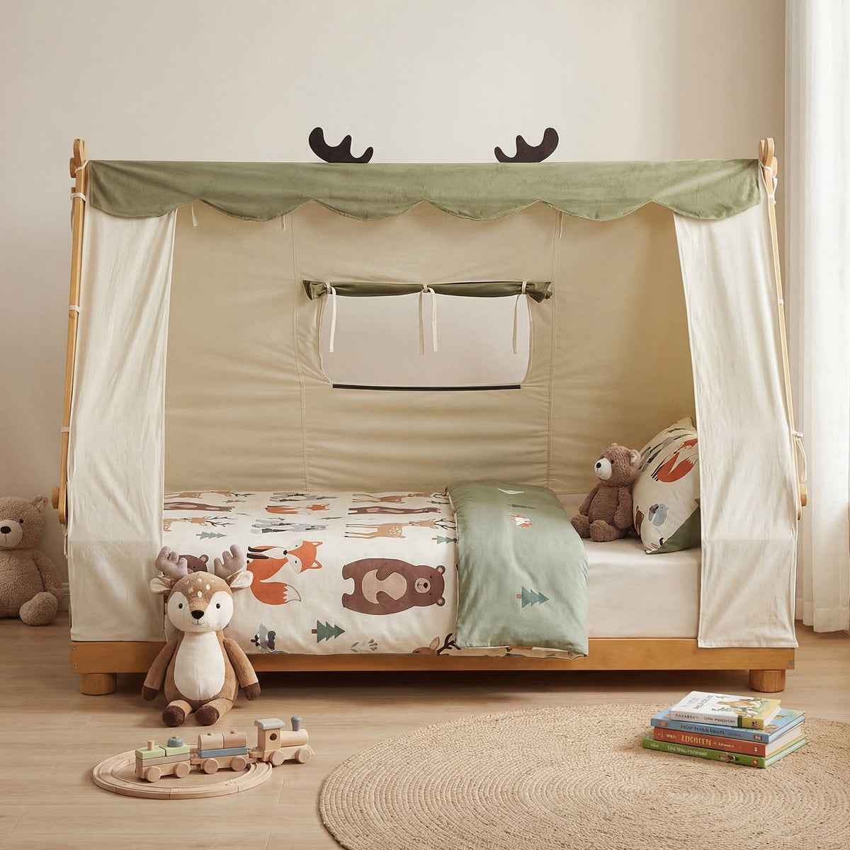 Twin Size House Floor Wood Bed with Tent-Simple Bed Frame-DECOROLALA