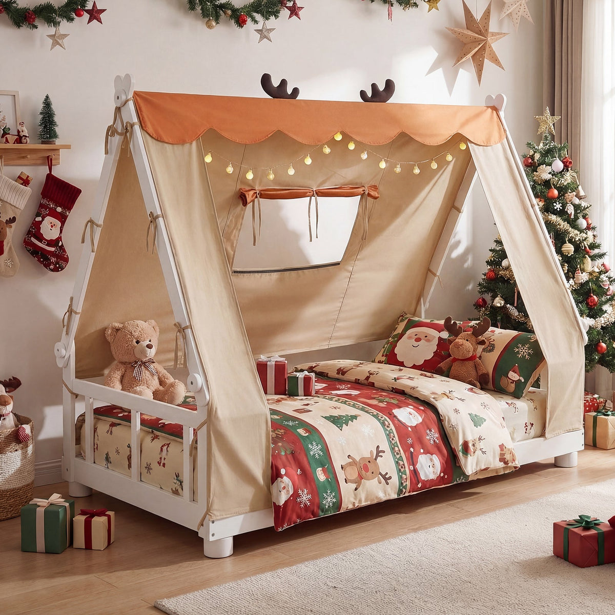 Twin Size House Floor Wood Bed with Tent-Simple Bed Frame-DECOROLALA