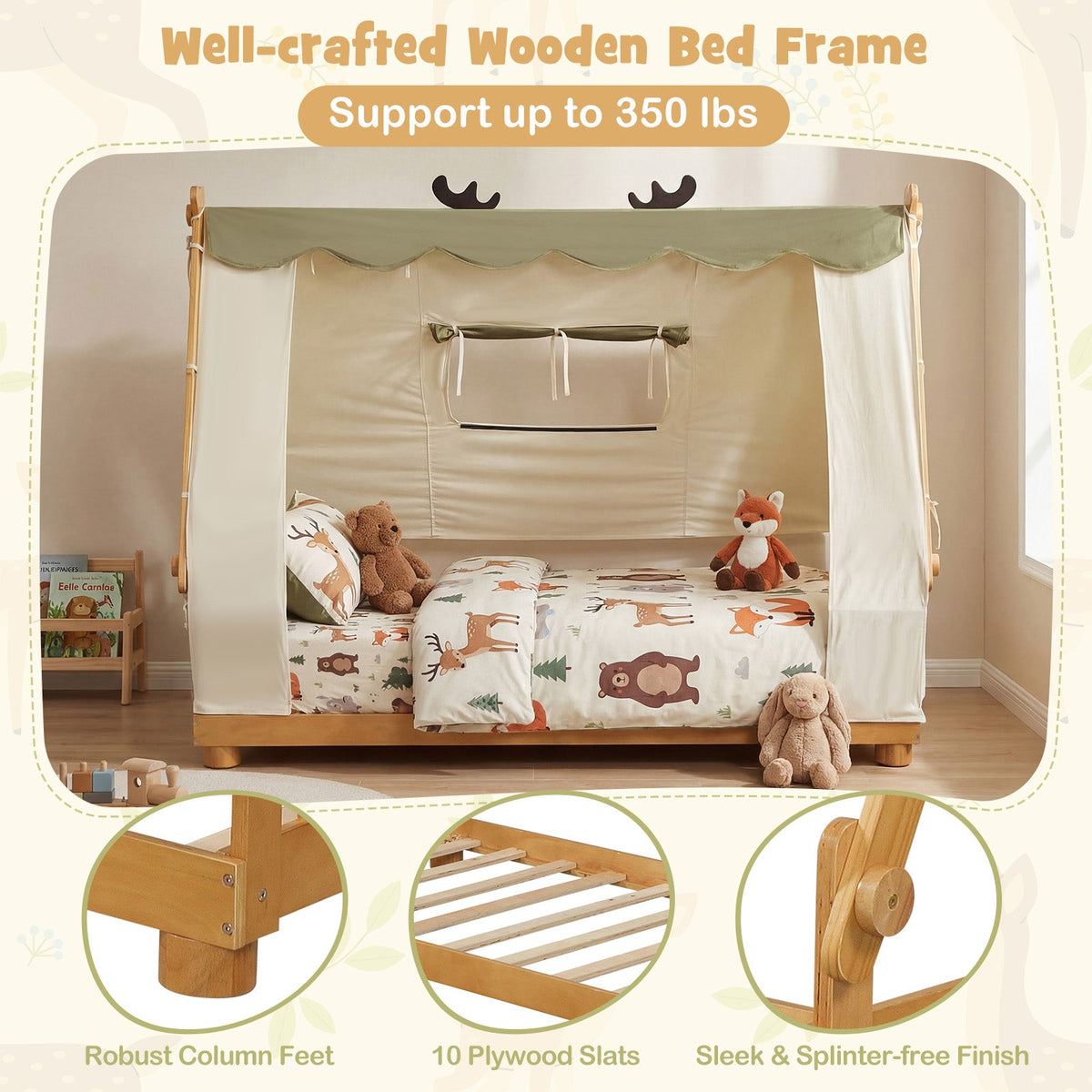 Twin Size House Floor Wood Bed with Tent-Simple Bed Frame-DECOROLALA